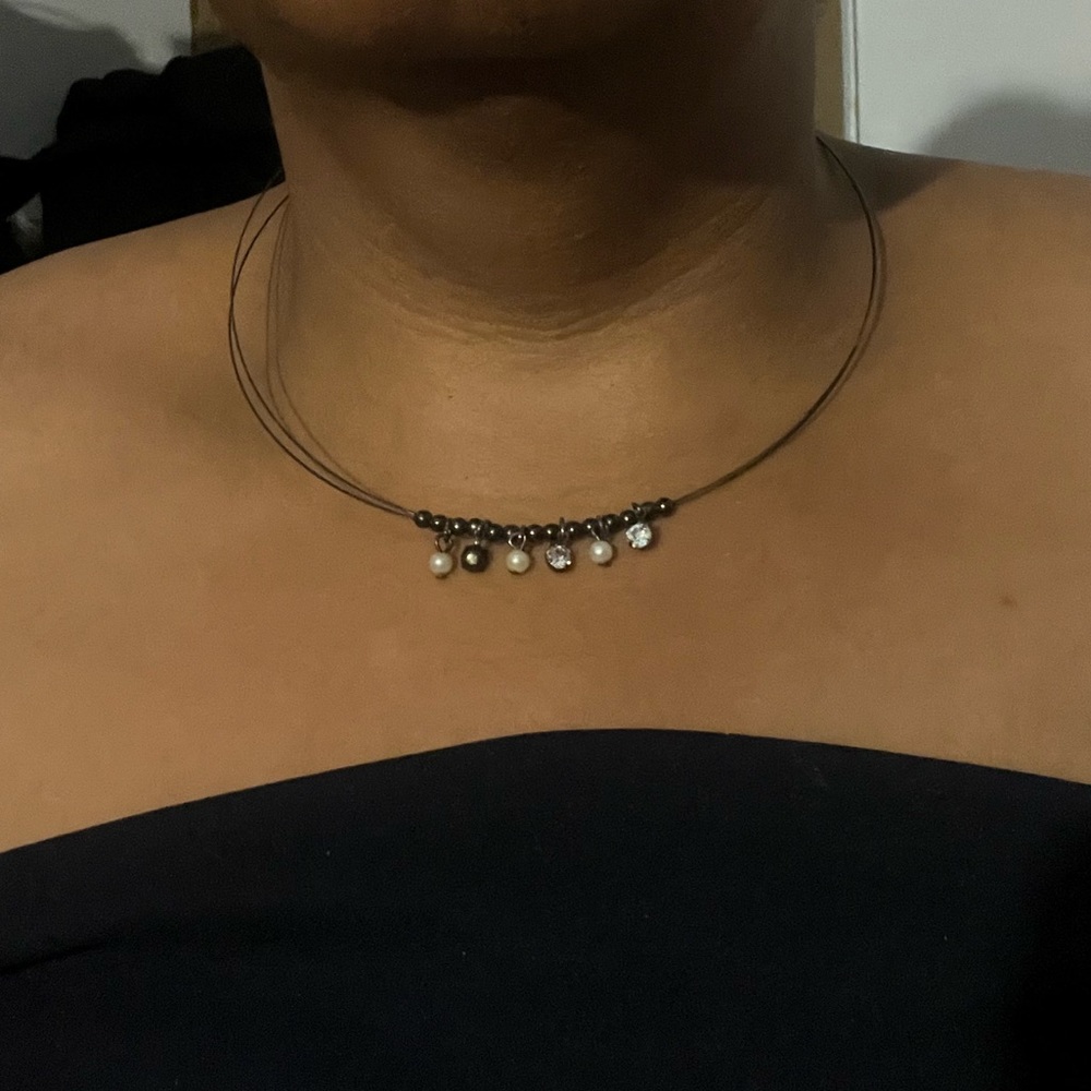 Vintage Y2K Dark Wire Necklace with Crystal, Beads and Faux Pearls Choker